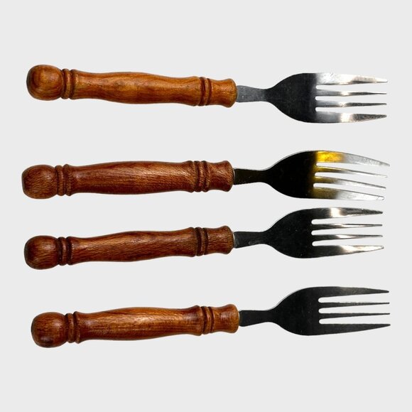 Vintage Old Homestead Wood Handle Stainless Steel Salad Fork Set 4 VGVC - Picture 1 of 6